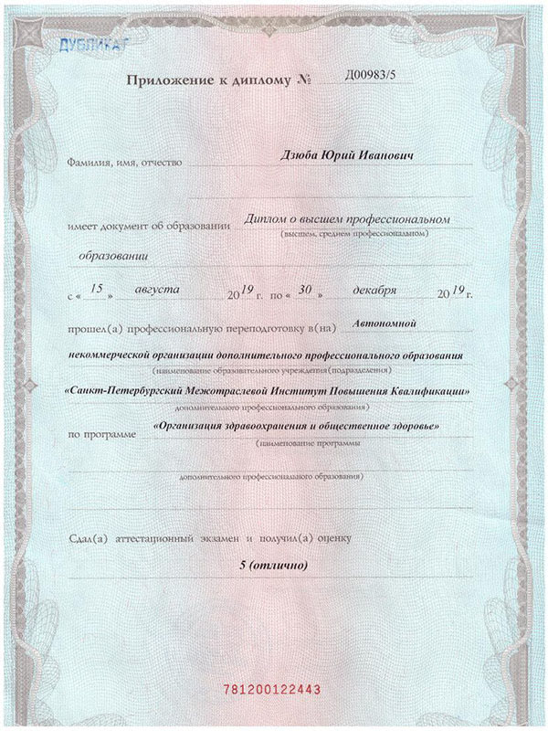 Сертификат Дзюба Юрий Иванович